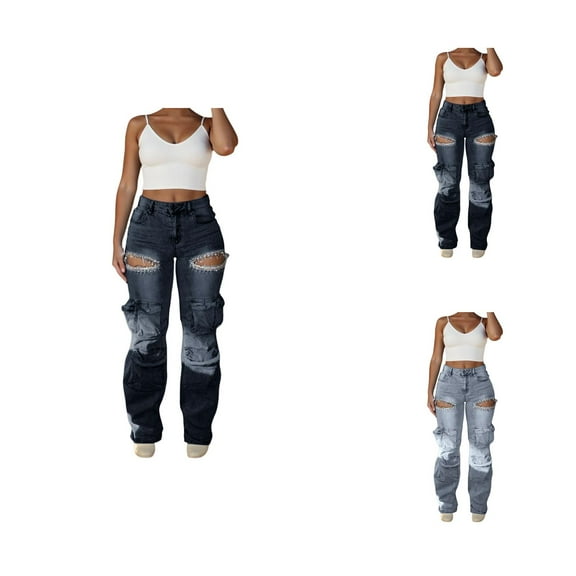 Jeans for Women 2025 Y2K Ripped Distressed High Waisted Rhinestone Cargo Denim Jean Pants Womens Jeans Trousers