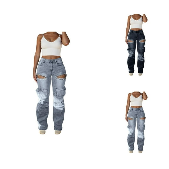 Jeans for Women 2025 Y2K Ripped Distressed High Waisted Rhinestone Cargo Denim Jean Pants Womens Jeans Trousers