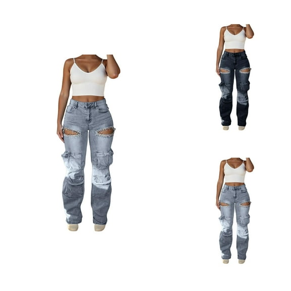 Jeans for Women 2025 Y2K Ripped Distressed High Waisted Rhinestone Cargo Denim Jean Pants Womens Jeans Trousers