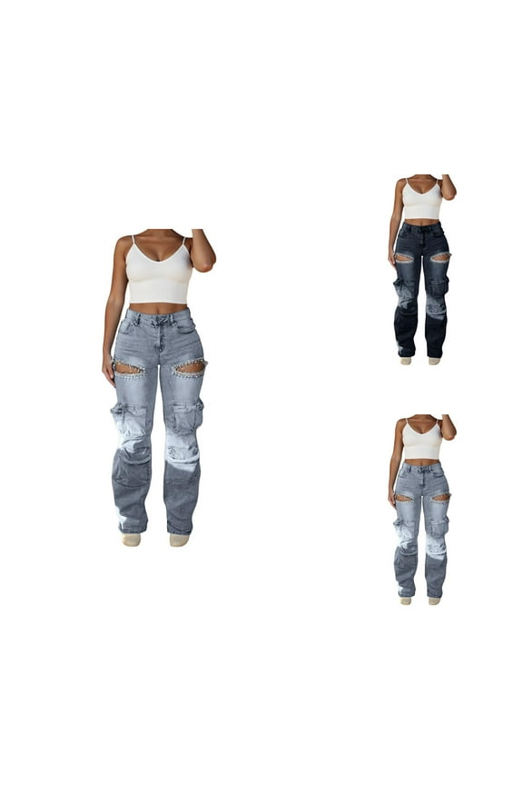 Jeans for Women 2025 Y2K Ripped Distressed High Waisted Rhinestone Cargo Denim Jean Pants Womens Jeans Trousers
