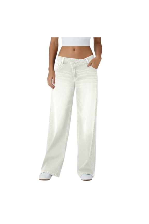 Jeans for Women Baggy Low Waisted Stretchy Asymmetric Cross-Waist Button Jeans Loose fit Wide Leg Y2K Pants White S