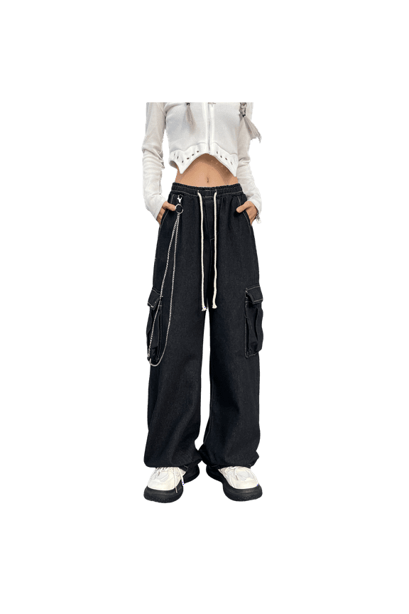 Jeans for Women Baggy Wide Leg Cargo Pants High Waist Y2k With Chain Casual Loose Straight Drawstring Boyfriend