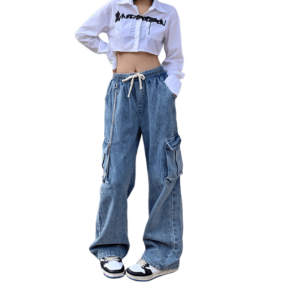 Jeans for Women Baggy Wide Leg Cargo Pants High Waist Y2k With Chain Casual Loose Straight Drawstring Boyfriend