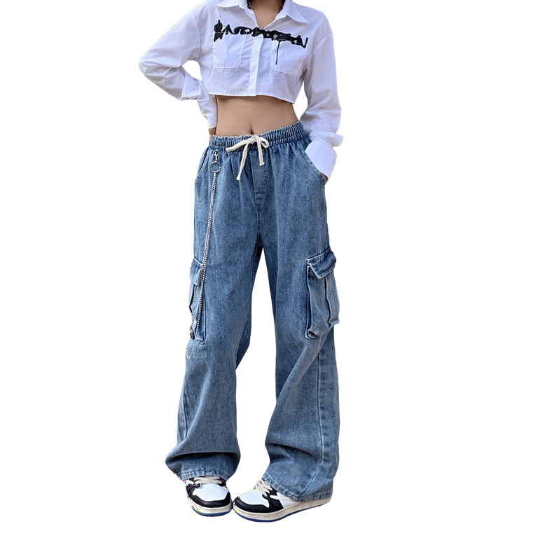 Jeans for Women Baggy Wide Leg Cargo Pants High Waist Y2k With Chain Casual  Loose Straight Drawstring Boyfriend 
