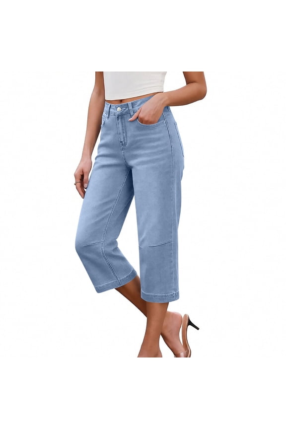 Jeans for Women Capris Button Straight Leg Loose Cropped Summer Casual Stretchy Denim Jean Capri Pants