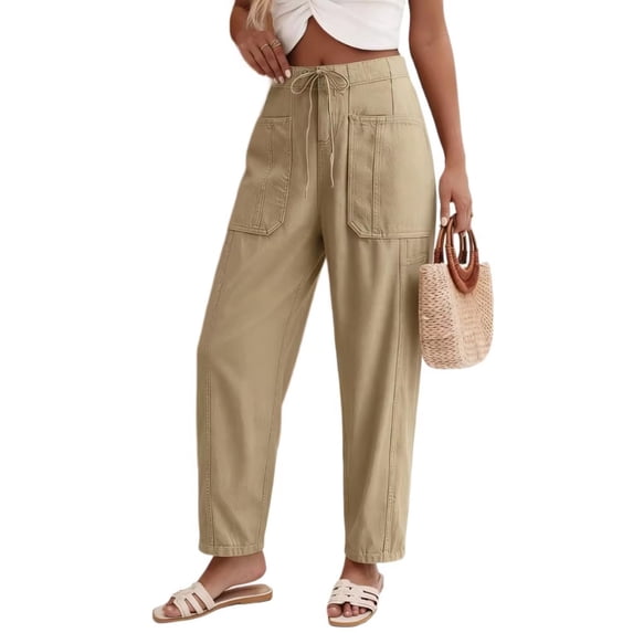 Jeans for Women Casual High Waisted Straight Wide Leg Pants Loose Cargo Denim Pants with Pockets Drawstring Khaki