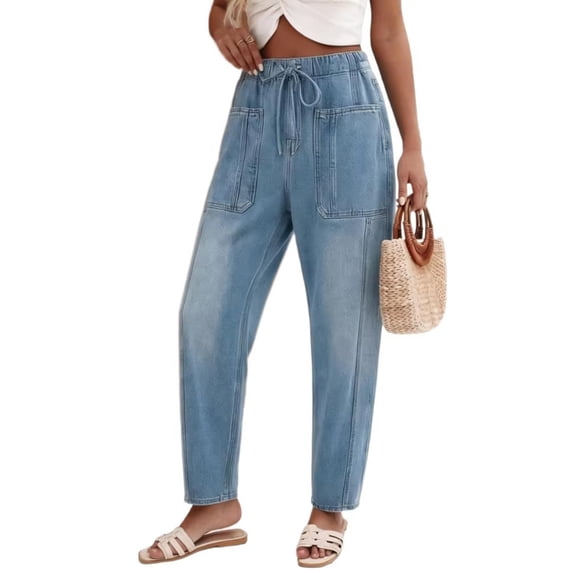 Jeans for Women Casual High Waisted Straight Wide Leg Pants Loose Cargo Denim Pants with Pockets Drawstring Light Blue