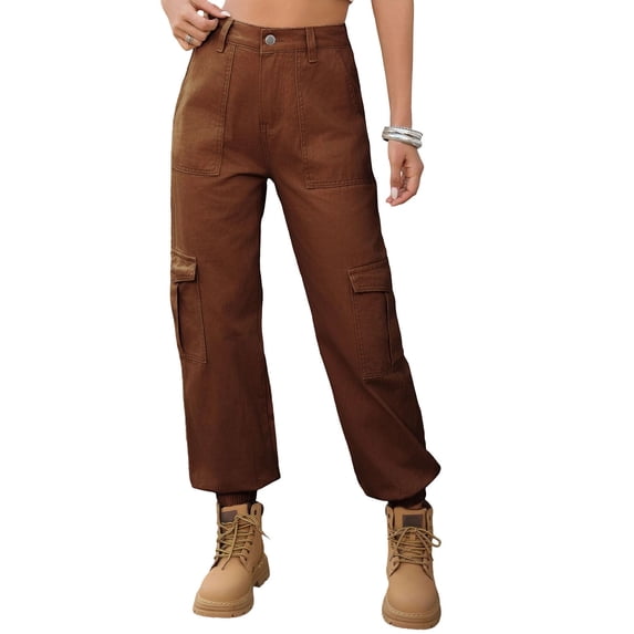 Jeans for Women Casual Lightweight Elastic Waist Stretchy Pants Summer Trouses with Pockets Brown M