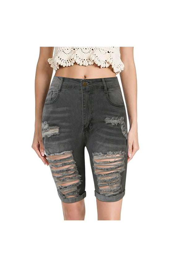 Jeans for Women Clearance Tropical Denim for Women Overall Straight Cut Capri Jeans Beach Jeans for Women Capris for Women with Pockets Grey, M