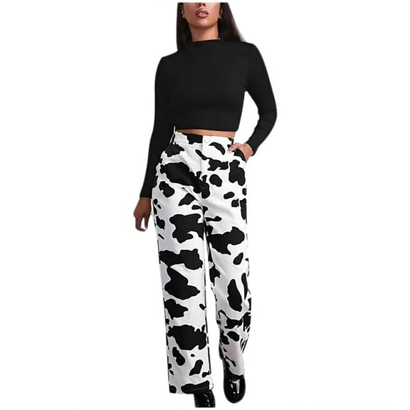 Jeans for Women Cow Print Straight Leg White Wide High Waist Pants Loose Pocket Women Jeans