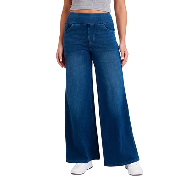 Jeans for Women Elastic High Waist Wide Leg Stretchy Baggy Streetwear Casual Denim Pants with Pockets