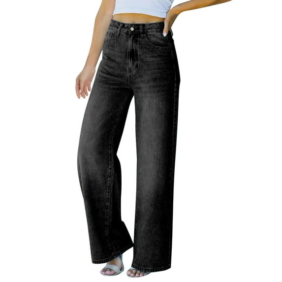 JIKNTTR Jeans for Women Fashion Casual Solid Color Wide Leg Vintage Daily Loose Trendy Delicate Durable Black Pants Sizes XL