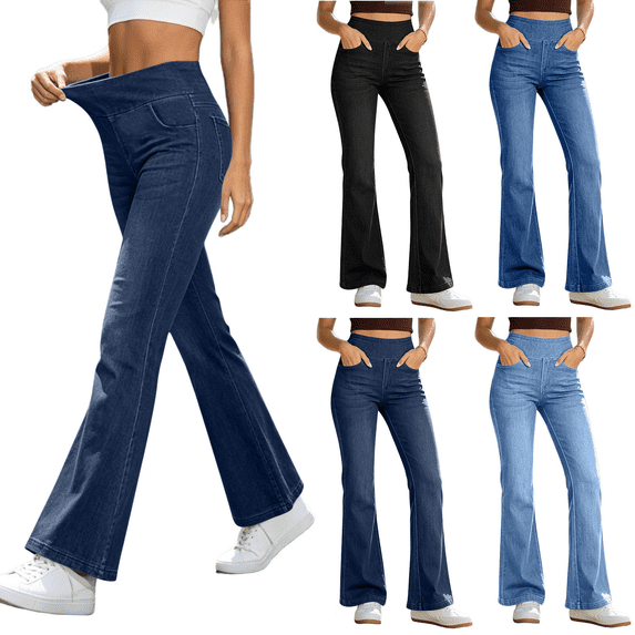 Jeans for Women High Waisted Stretch Denim Flared Pants Wide Leg Solid Color Trousers Soft Comfortable Casual Outfits