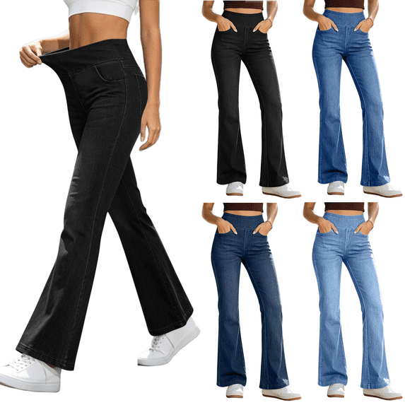 Jeans for Women High Waisted Stretch Denim Flared Pants Wide Leg Solid Color Trousers Soft Comfortable Casual Outfits