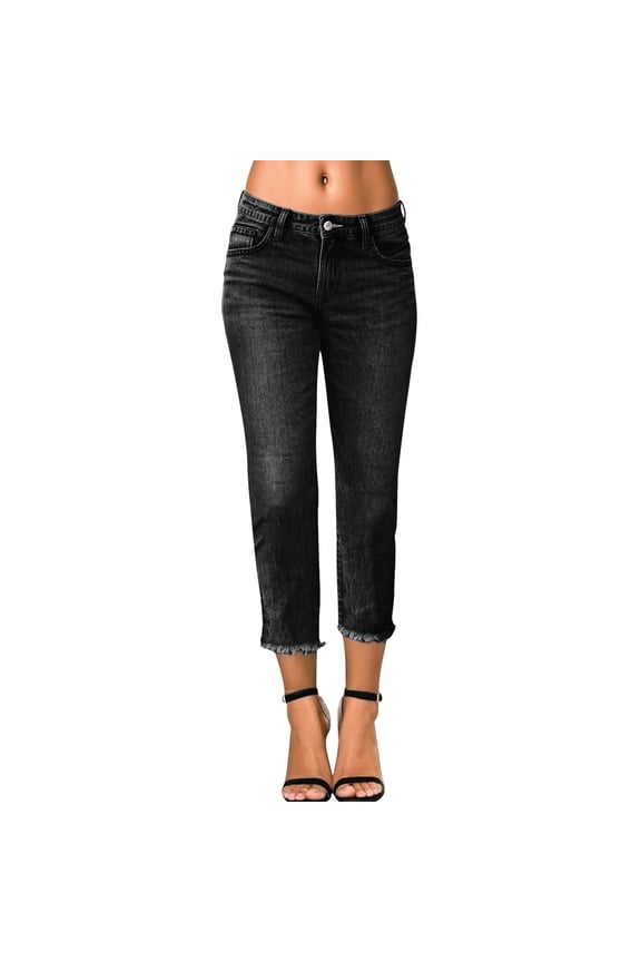 Jeans for Women High Waisted Stretchy Skinny Jeans Cut Off Straight Leg Raw Hem Denim Capris Pants with Pockets Gray 2XL