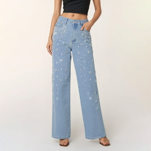 Jeans for Women Pearl Studded High Waist Straight Leg Denim Jeans (BU1 M)
