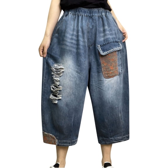 Jeans for Women Petite Ethnic Style Washed Ripped Distressed Capri Wide Leg Baggy Trousers for Women