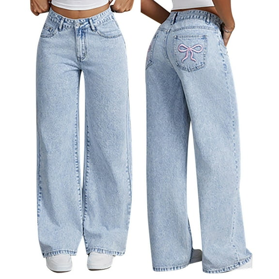 Jeans for Women Petite High Waisted Knot Embroidered Straight Solid Wide Leg Trousers for Women