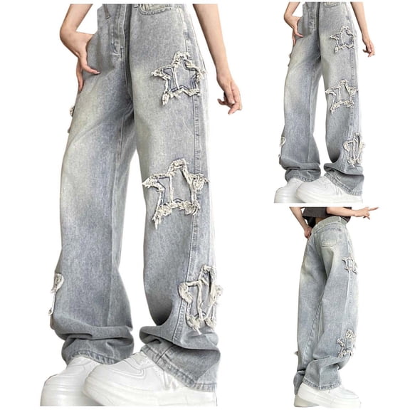 Jeans for Women Plus Size High Waisted Star Embroidered Straight Wide Leg Denim Trousers Casual Pants for Women Blue XXL