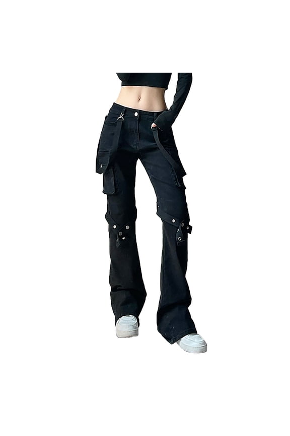 Jeans for Women Punk Y2k Grunge Low Waist Emo Jeans Gothic Black Patchwork Electro Denim Pants Trendy Streetwear Women Jeans (Black L)