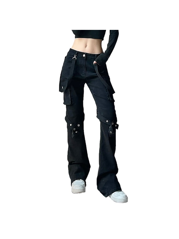 Jeans for Women Punk Y2k Grunge Low Waist Emo Jeans Gothic Black Patchwork Electro Denim Pants Trendy Streetwear Women Jeans (Black L)