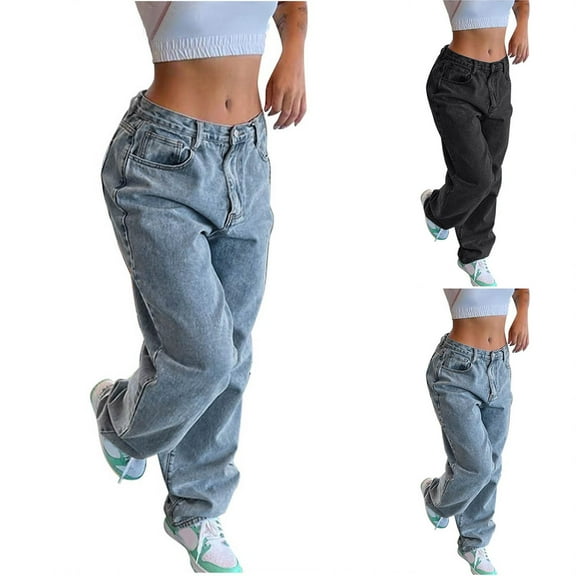 Jeans for Women Solid Color Button Zipper Pockets Length Pants Light Blue Denim Pants S