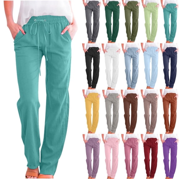 Jeans for Women Solid Color Drawstring Cotton And Linen Elastic Trousers with Pocket Plus Size Wide Leg Pants Sky Blue S-5XL