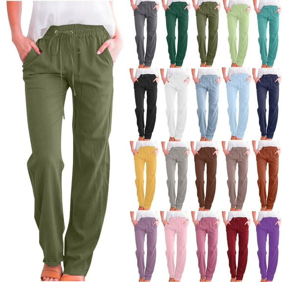 Jeans for Women Solid Color Drawstring Cotton Linen Casual Loose Wide Leg Straight Trousers Army Green Denim Pants S