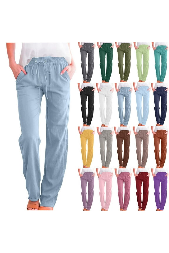 Jeans for Women Solid Color Drawstring Cotton Linen Casual Loose Wide Leg Straight Trousers Light Blue Wide Leg Denim Pants XL