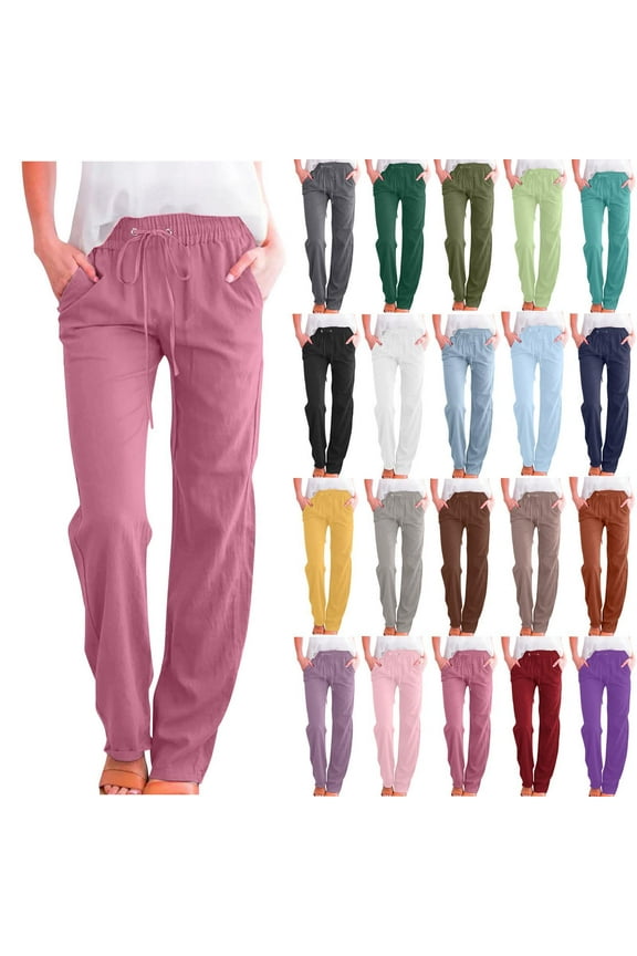 Jeans for Women Solid Color Drawstring Cotton Linen Casual Loose Wide Leg Straight Trousers Pink Loose Denim Pants 3XL