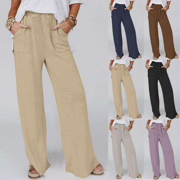 Jeans for Women Solid Color Drawstring Cotton and Linen Casual Loose Wide-Leg Straight Long Pants with Pockets Khaki Loose Denim Pants L