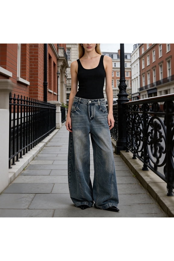 Jeans for Women Solid Washed Baggy Denim Pants (Blue XXS)