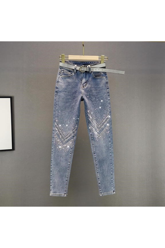 Jeans for Women Straight Leg Distressed Denim Pants with Rhinestone Slim Fit Women's Jeans (Blue M)