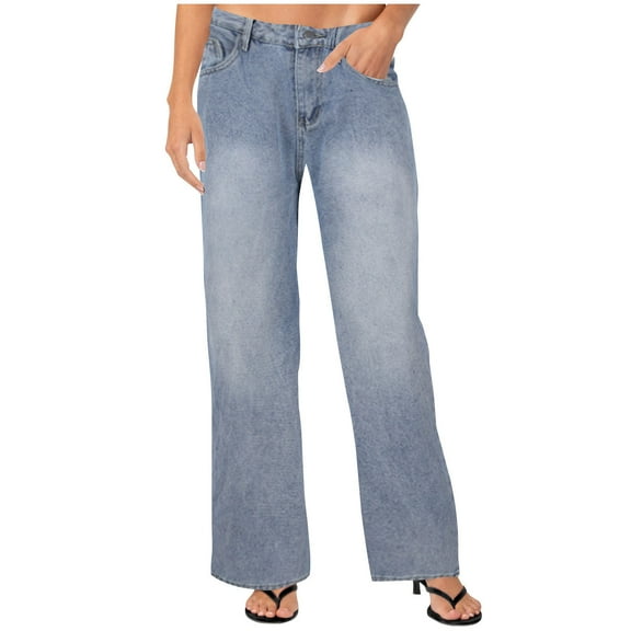 Jeans for Women Straight Leg, High Waisted Baggy Chino Jean Pants Wide Leg Ankle Length Dressy Casual Denim Trousers with Pockets Light Blue M