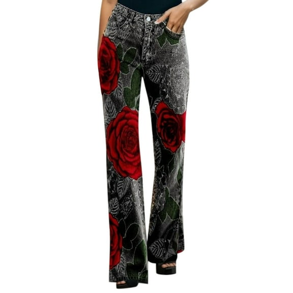 Jeans for Women Summer Fashionable Valentine's Day Casual Comfortable Floral Print Slit Denim Like Womens Pants