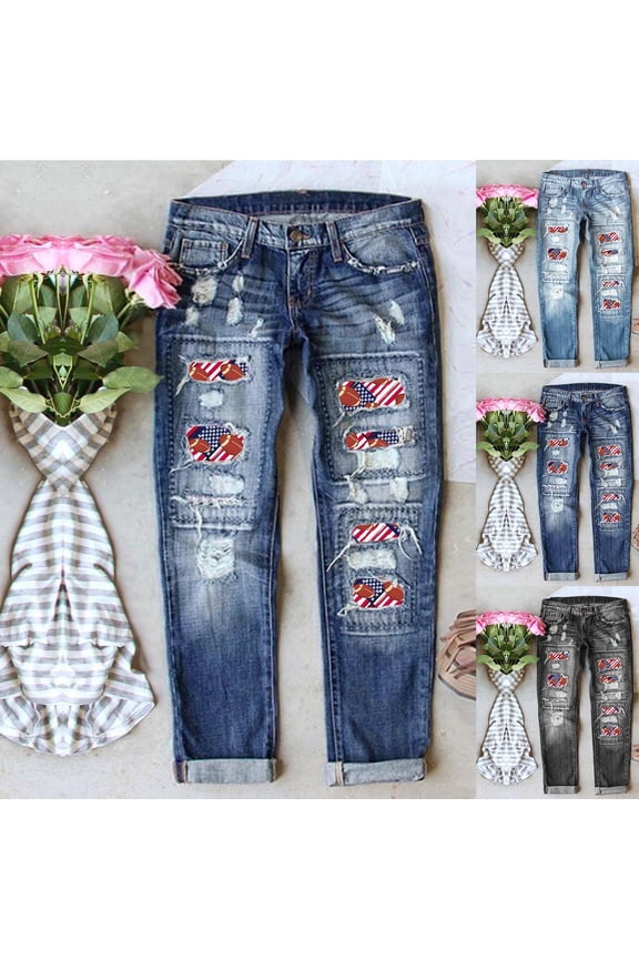 Jeans for Women Trendy Distressed Football Print Patch Straight Denim Pants Loose Casual Womens Jeans Dark Gray XXXL