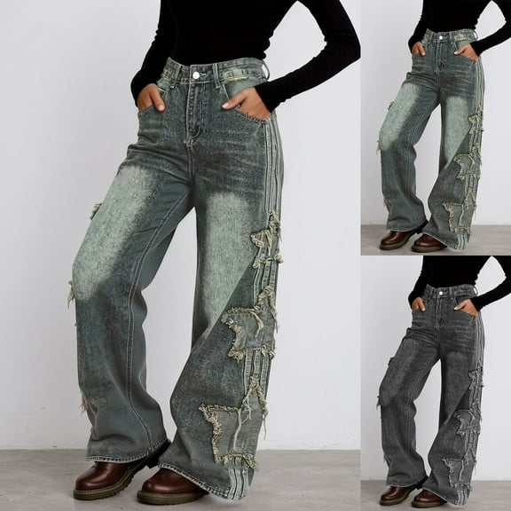 Jeans for Women Trendy High Waisted Straight Jeans With Star Loose Wide Leg Stretchy Denim Pants with Pockets 2025 Fashion (Black, XL)