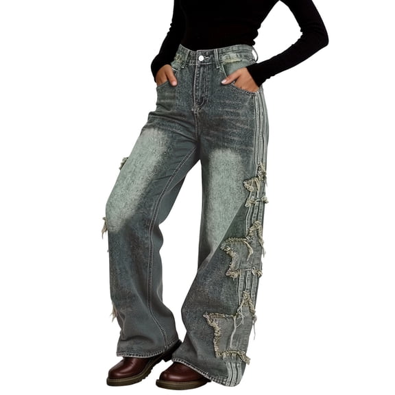 Jeans for Women Trendy High Waisted Straight Jeans With Star Loose Wide Leg Stretchy Denim Pants with Pockets 2025 Fashion (Blue, XL)