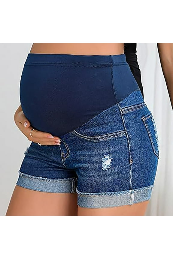 Jeans for Women Trendy Maternity High Waist Ripped Roll Up Hem Denim Mini Shorts with Pockets Casual Womens Short Jeans Dark Blue L