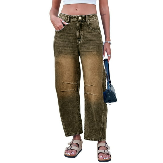 Jeans for Women Trendy Solid Color Mid Rise Barrel Jeans Comfort Waist Baggy Boyfriend Jeans Denim Pants Travel with Pockets