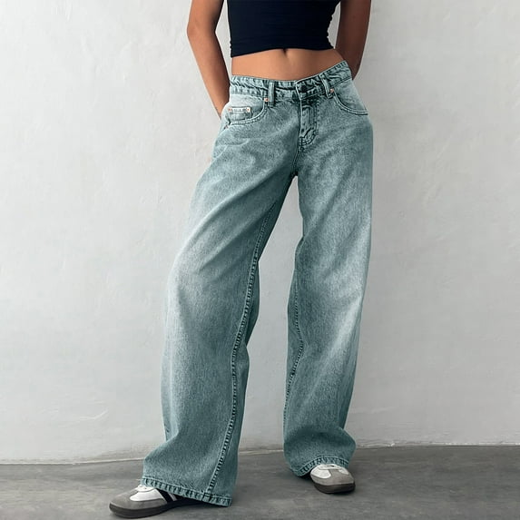 Jeans for Women Trendy Solid Color Retro Low Waist Washed Straight Jeans Street Denim Pants Classic Fit Denim Pants Travel with Pockets