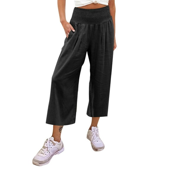 Jeans for Women Under 20$ - Black Pants for Women Hontri Womens High Waist Pockets Elastic Waist Solid Loose Pants Casual Long Trousers