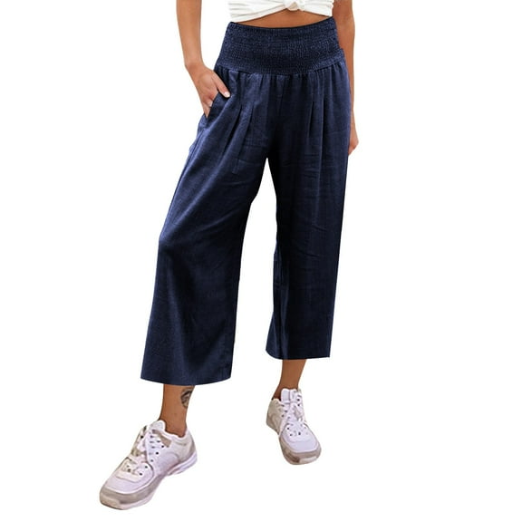 Jeans for Women Under 20$ - Navy Pants for Women Hontri Womens High Waist Pockets Elastic Waist Solid Loose Pants Casual Long Trousers
