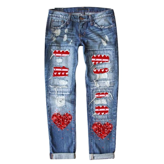 Jeans for Women Valentines Heart Printed Ripped Straight Leg Mid Rise Denim Festive Pattern Plus Size Women Jeans