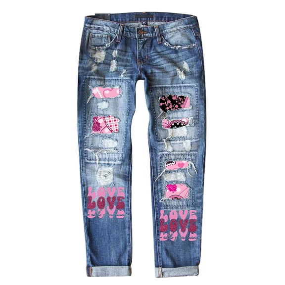 Jeans for Women Valentines Heart Printed Ripped Straight Leg Mid Rise Denim Festive Pattern Plus Size Women Jeans