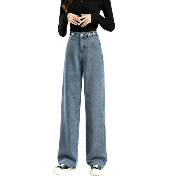 Jeans for Women Velvet Thickened Denim Wide Leg High Waist Straight Floor Mopping Trendy Blue Pants Sizes M