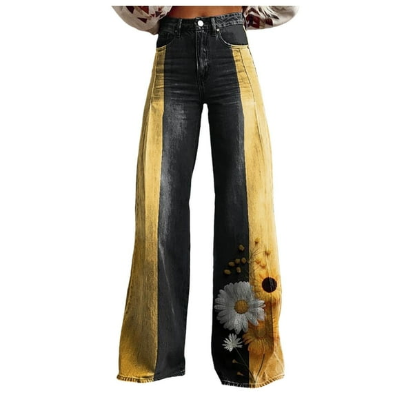 Jeans for Women Vintage Wide Leg Fashion High Waisted Denim 90S Floral Printed Pull On Baggy Pants for Women Jeans