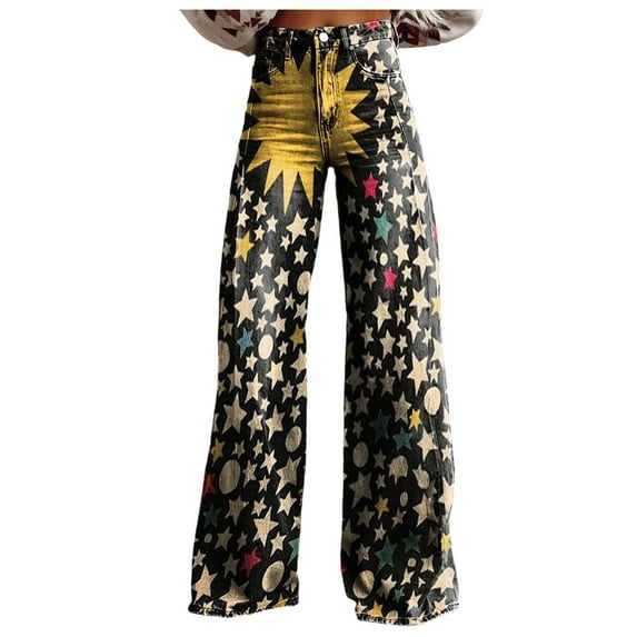 Jeans for Women Vintage Wide Leg Fashion High Waisted Denim 90S Floral Printed Pull On Baggy Pants for Women Jeans