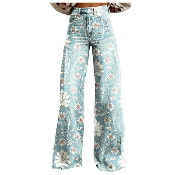 Jeans for Women Vintage Wide Leg Fashion High Waisted Denim 90S Floral Printed Pull On Baggy Pants for Women Jeans