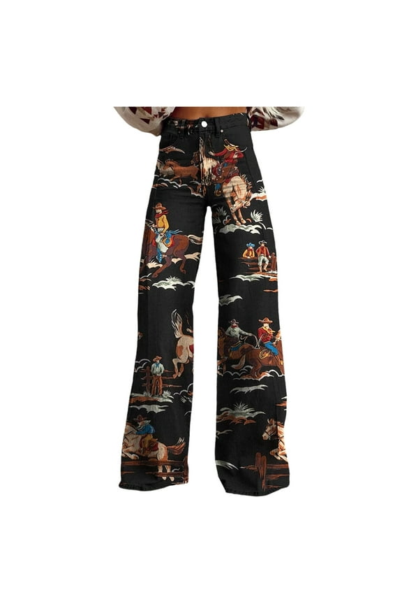 Jeans for Women Vintage Wide Leg Fashion High Waisted Denim 90S Floral Printed Pull On Baggy Pants for Women Jeans